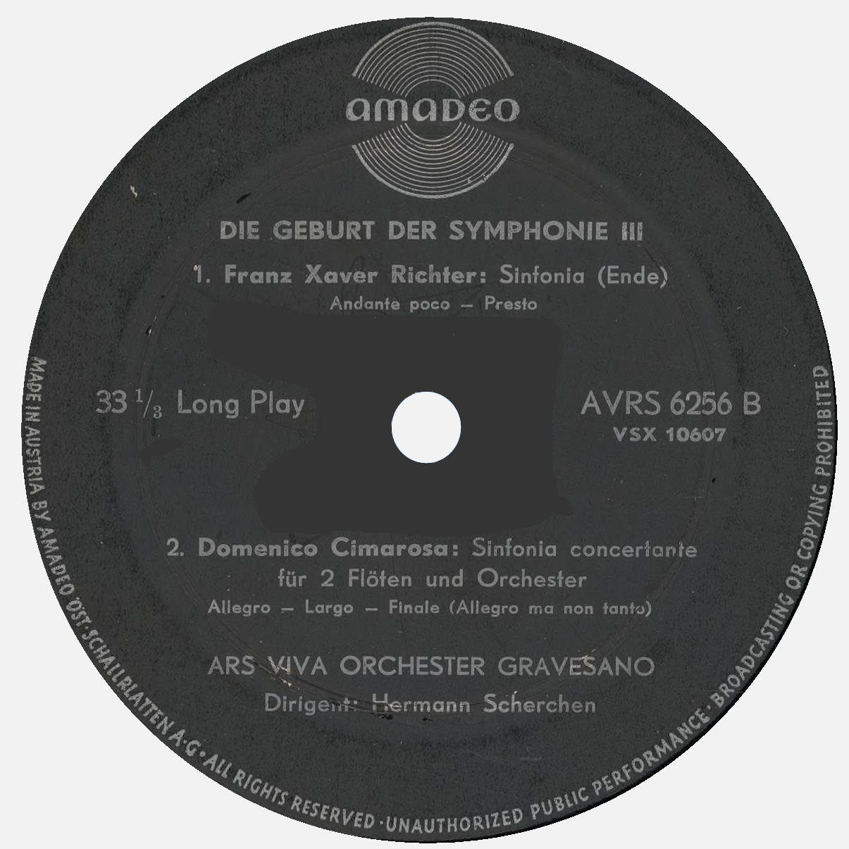 Étiquette verso du disque Amadeo AVRS 6256, 3e volume de «Geburt der Symphonie»